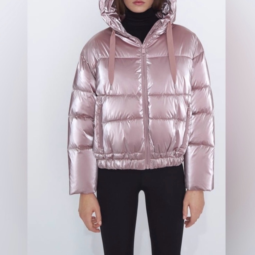 Zara Metallic Pink Puffer Jacket